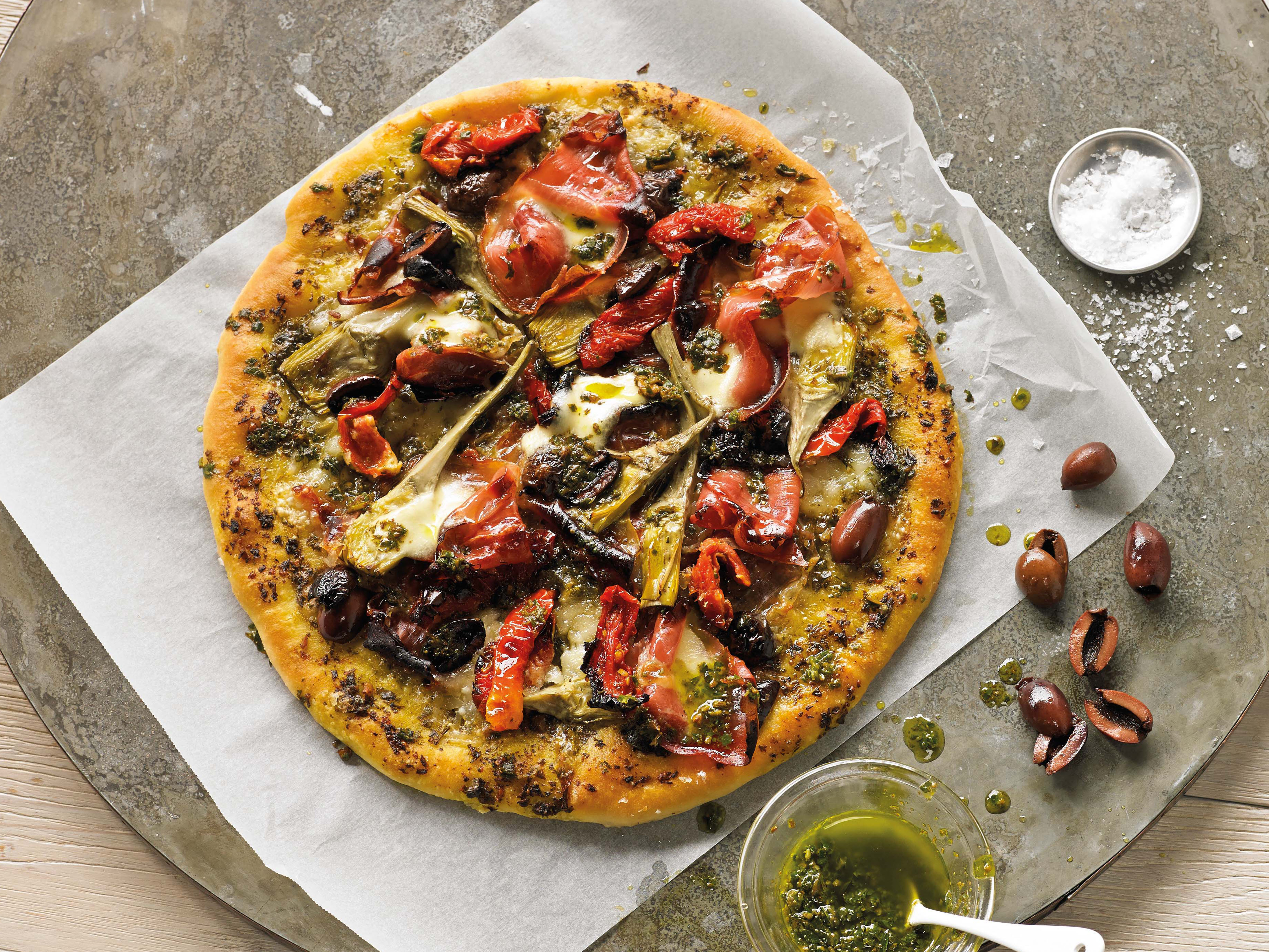 Recipes Prosciutto Artichoke Olive and Basil Pesto Pizza